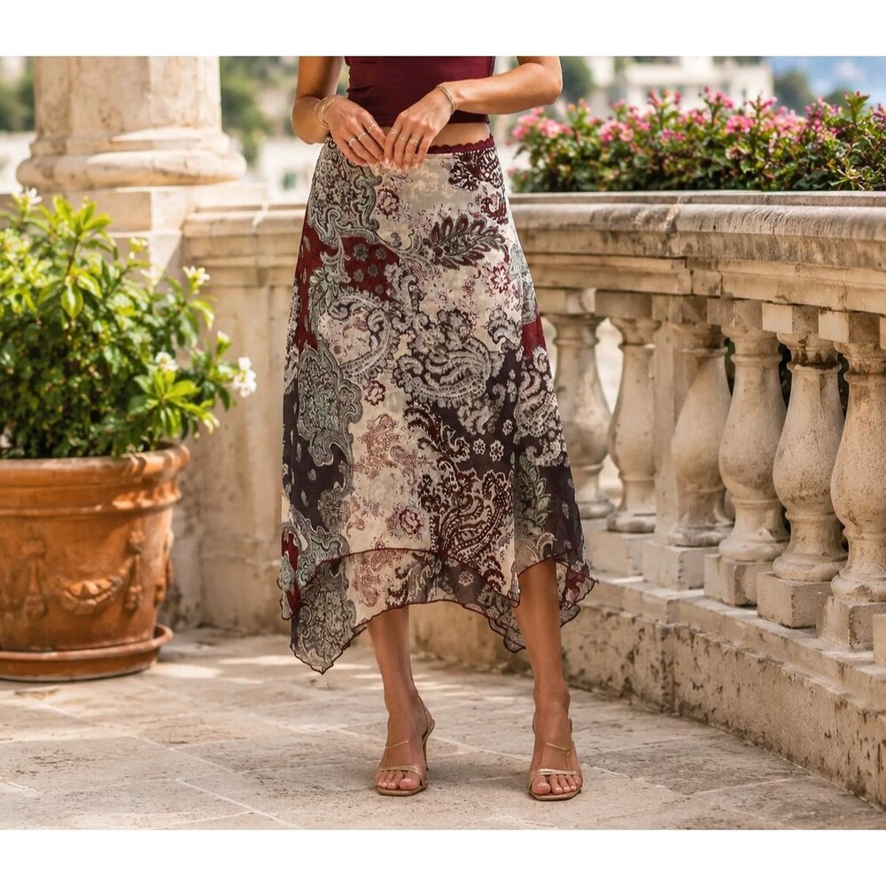 Free People Floral Printed Midi Skirt Multicolor Asymmetrical Beach L 287008